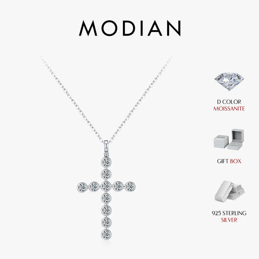 Collar con colgante clásico de lujo de plata de ley 925 con cruz de bisel de moissanita a todo color MODIAN D para mujer, joyería fina