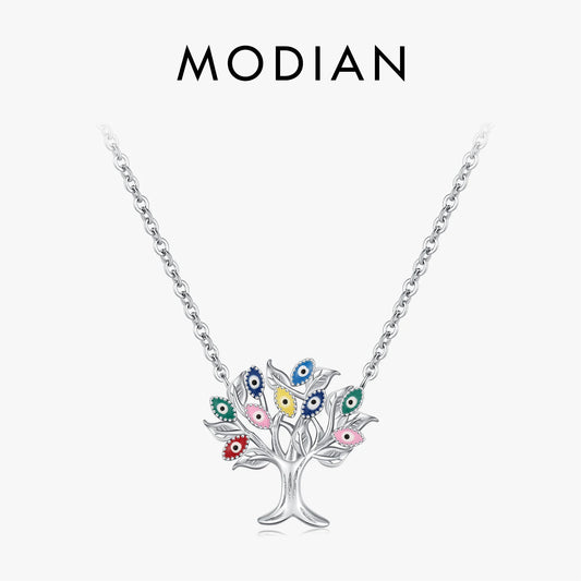 MODIAN 925 Sterling Silver Wacky Enamel Eyes Necklace Exquisite Trees Pendant Necklaces For Women Fine Jewelry