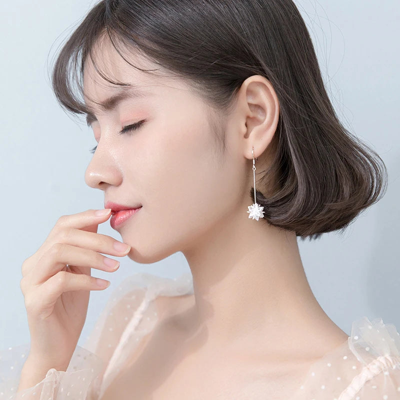 Modian Genuine 100% 925 Sterling Silver Long Chain Snowflake Crystal Drop Earrings Fashion Dangle Ear For Women Charm Jewelry