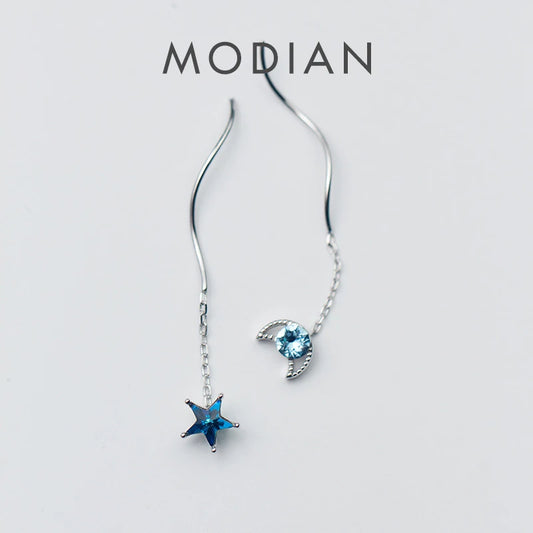 Pendientes clásicos Modian con borlas de cadena larga para mujer, plata de ley 925 auténtica, cristales azules transparentes, estrellas y luna, joyería de regalo
