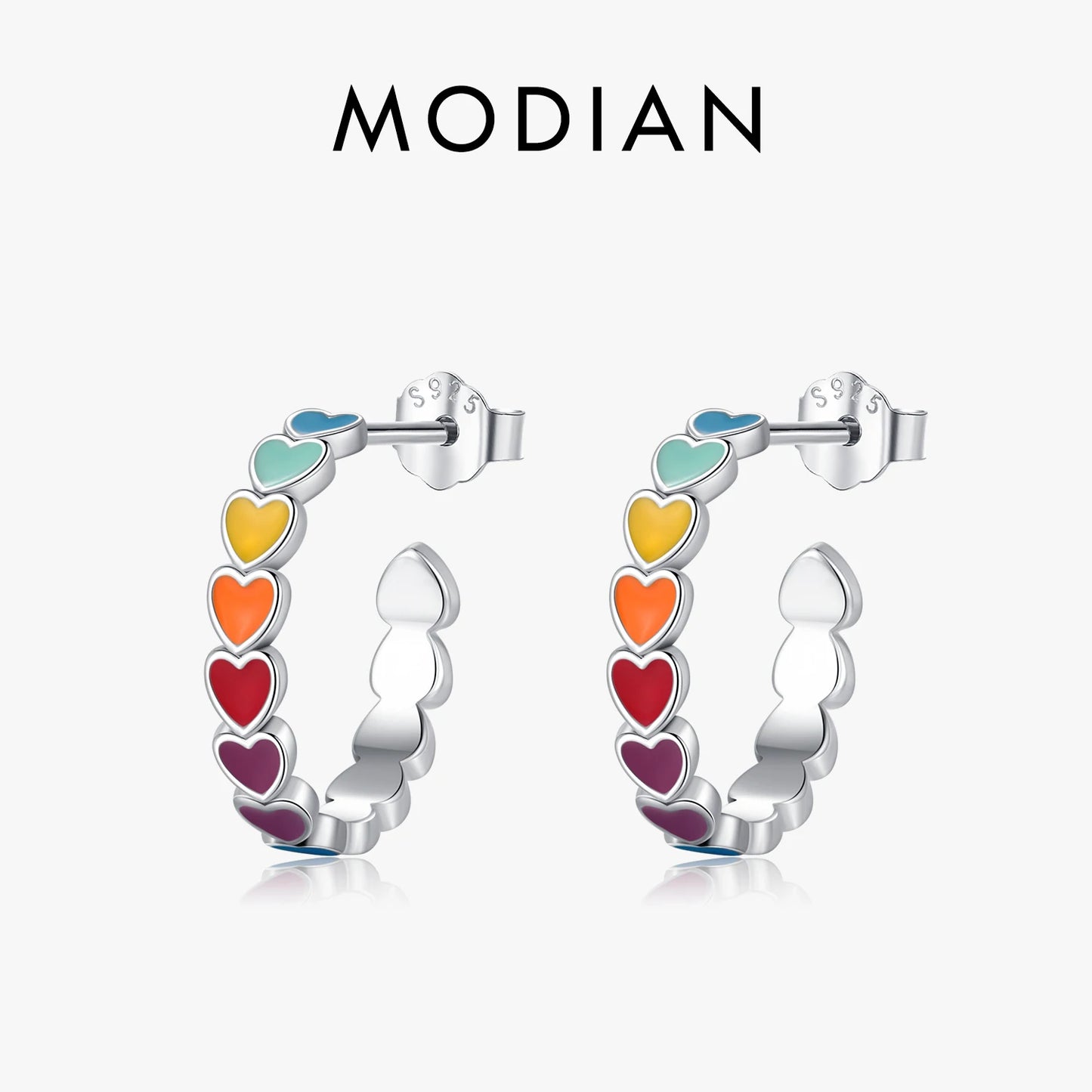Pendientes MODIAN de plata de ley 925 con forma de C y corazones esmaltados de colores, joyería romántica y dulce para mujeres y niñas.