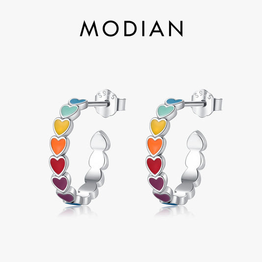 Pendientes MODIAN de plata de ley 925 con forma de C y corazones esmaltados de colores, joyería romántica y dulce para mujeres y niñas.