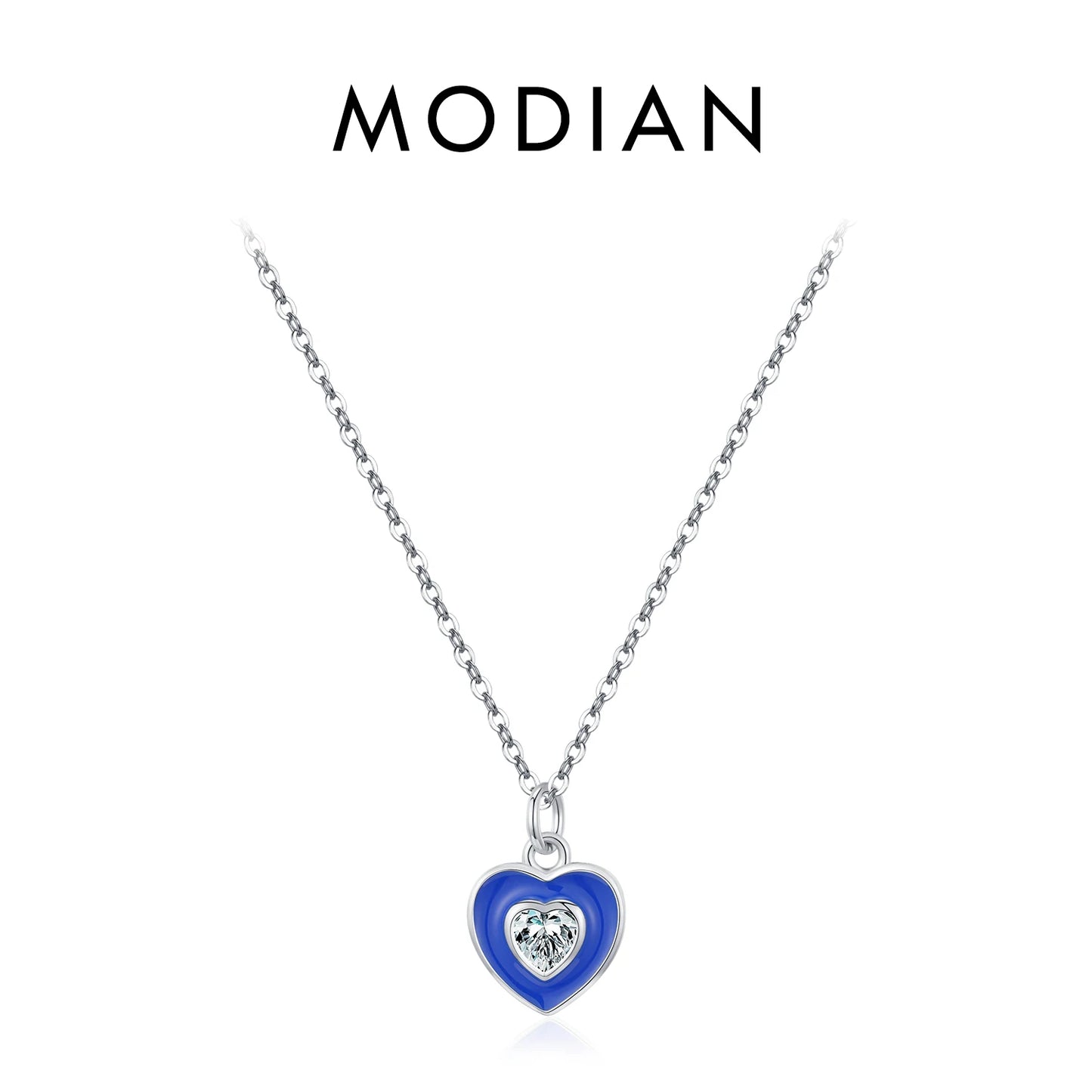 MODIAN 925 Sterling Silver Romantic Heart Klein Blue Enamel Pendant Necklace Shiny CZ Chain Neck For Women Fine Jewelry