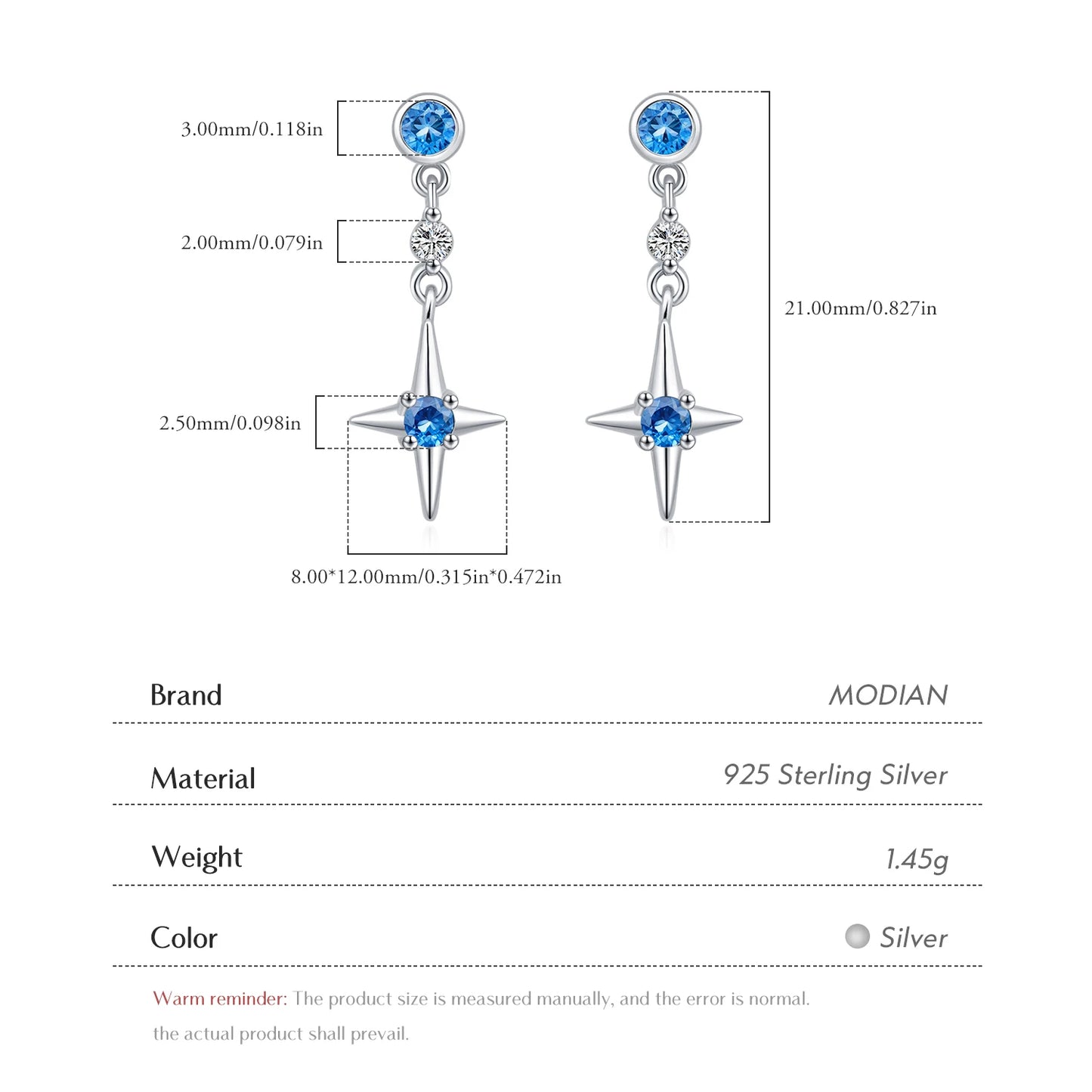Pendientes MODIAN de plata de ley 925 con circonitas azules y estrellas brillantes para mujer, joyería fina