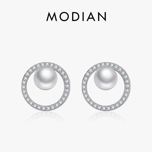 Pendientes MODIAN de plata de ley 925 con forma de círculo y perlas de cristal deslumbrantes, joyería fina hueca de lujo para mujer, regalos de aniversario