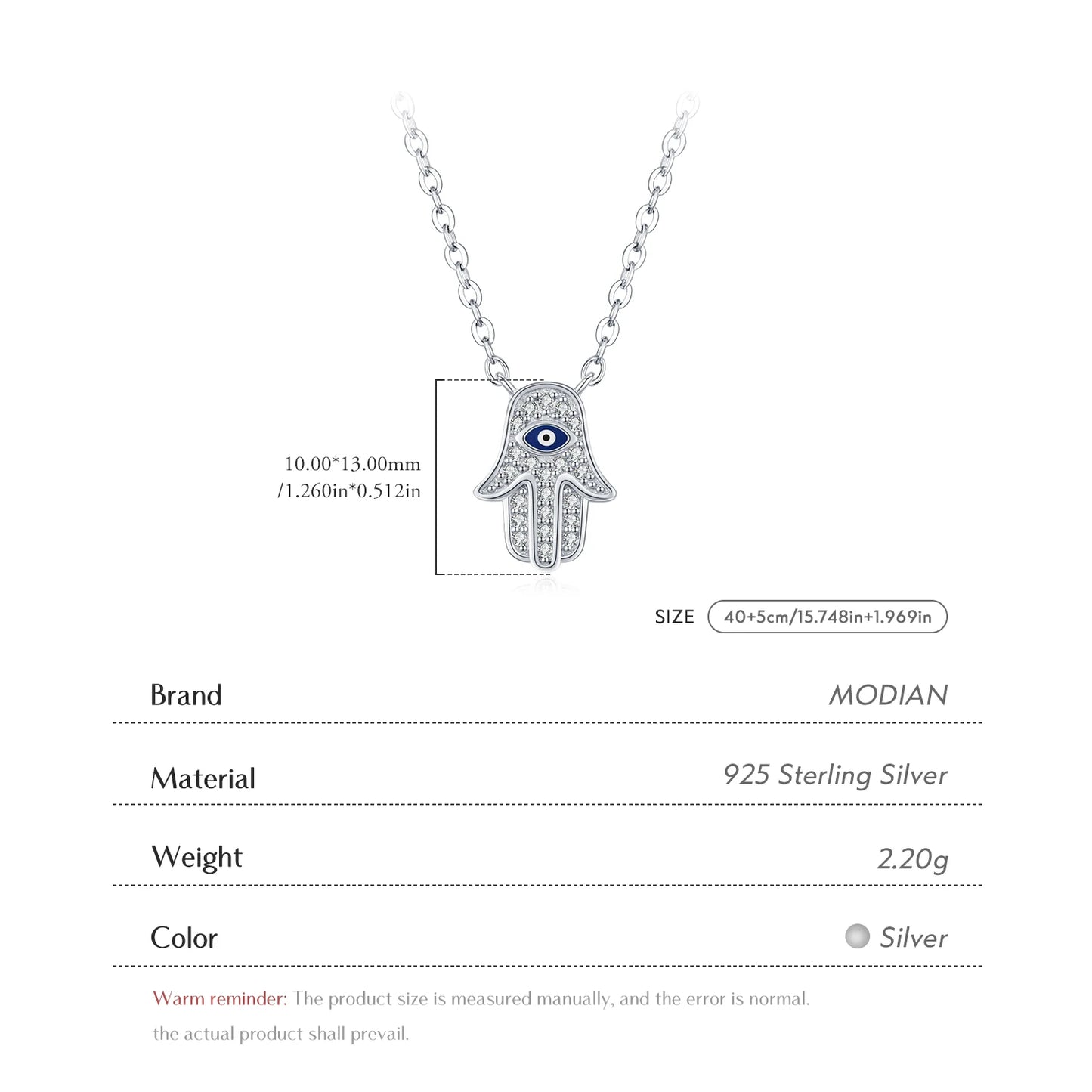 MODIAN 925 Sterling Silver Classic Full Zirconia Palm Pendant Necklace Charm Blue Enamel Eyes Link Chain For Women Jewelry