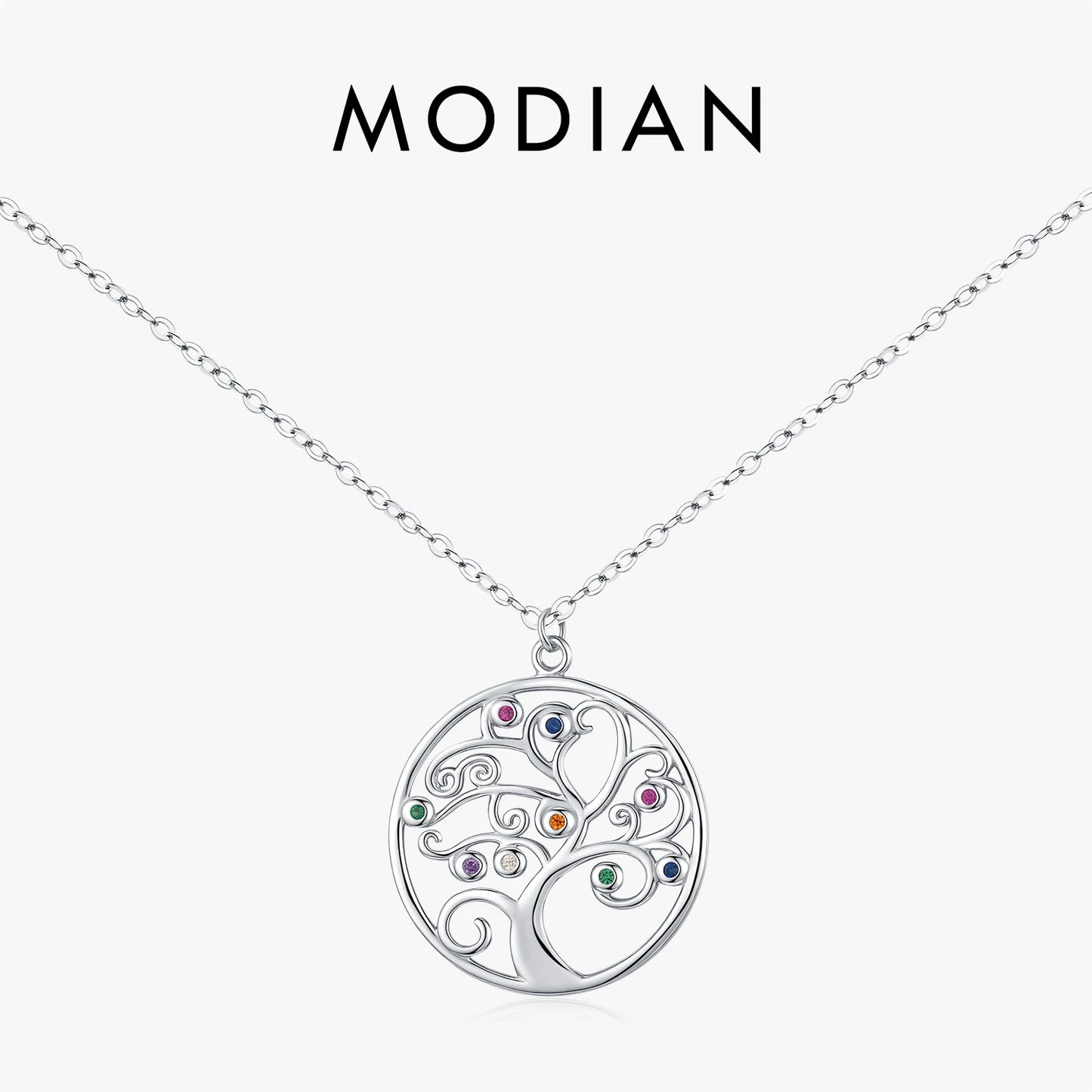 MODIAN 925 Sterling Silver Sparkling Zirconia Retro Tree Pattern Round Pendant Necklaces For Women Fine Jewelry
