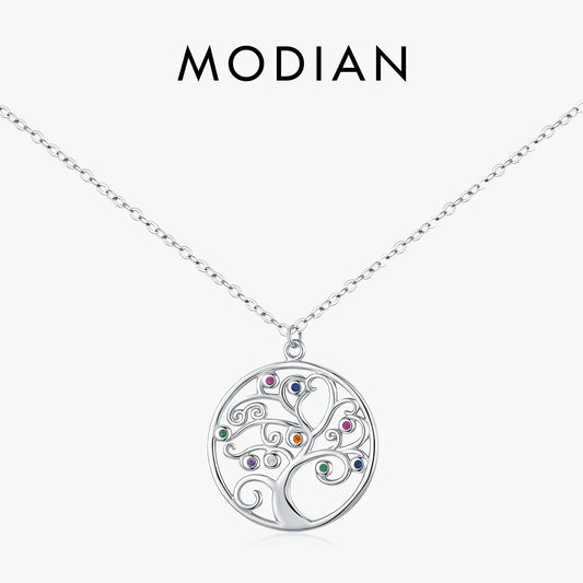 MODIAN 925 Sterling Silver Sparkling Zirconia Retro Tree Pattern Round Pendant Necklaces For Women Fine Jewelry