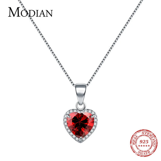Colgante de corazón de plata de ley 925 auténtica de Modian, cadena de boda clásica con cristales transparentes y corazón rojo, joyería para mujer