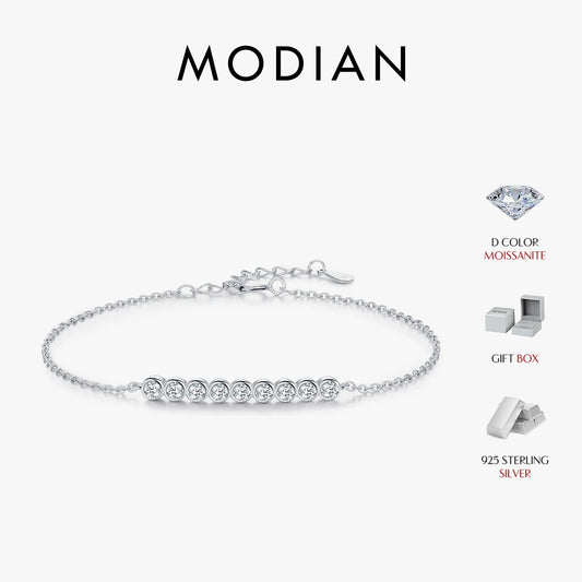 Pulsera sencilla de plata de ley 925 con moissanita de color D de MODIAN, cadena de eslabones con diamantes de laboratorio redondos, joyería para mujer, regalo de boda de lujo