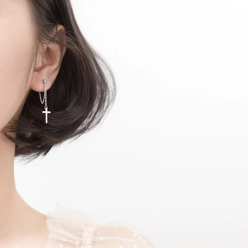 Modian Fashion Long Tassel Cross Drop Earrings Elegant Charm 925 Sterling Silver Swing Dangle Ear For Women Bead S925 Jewelry