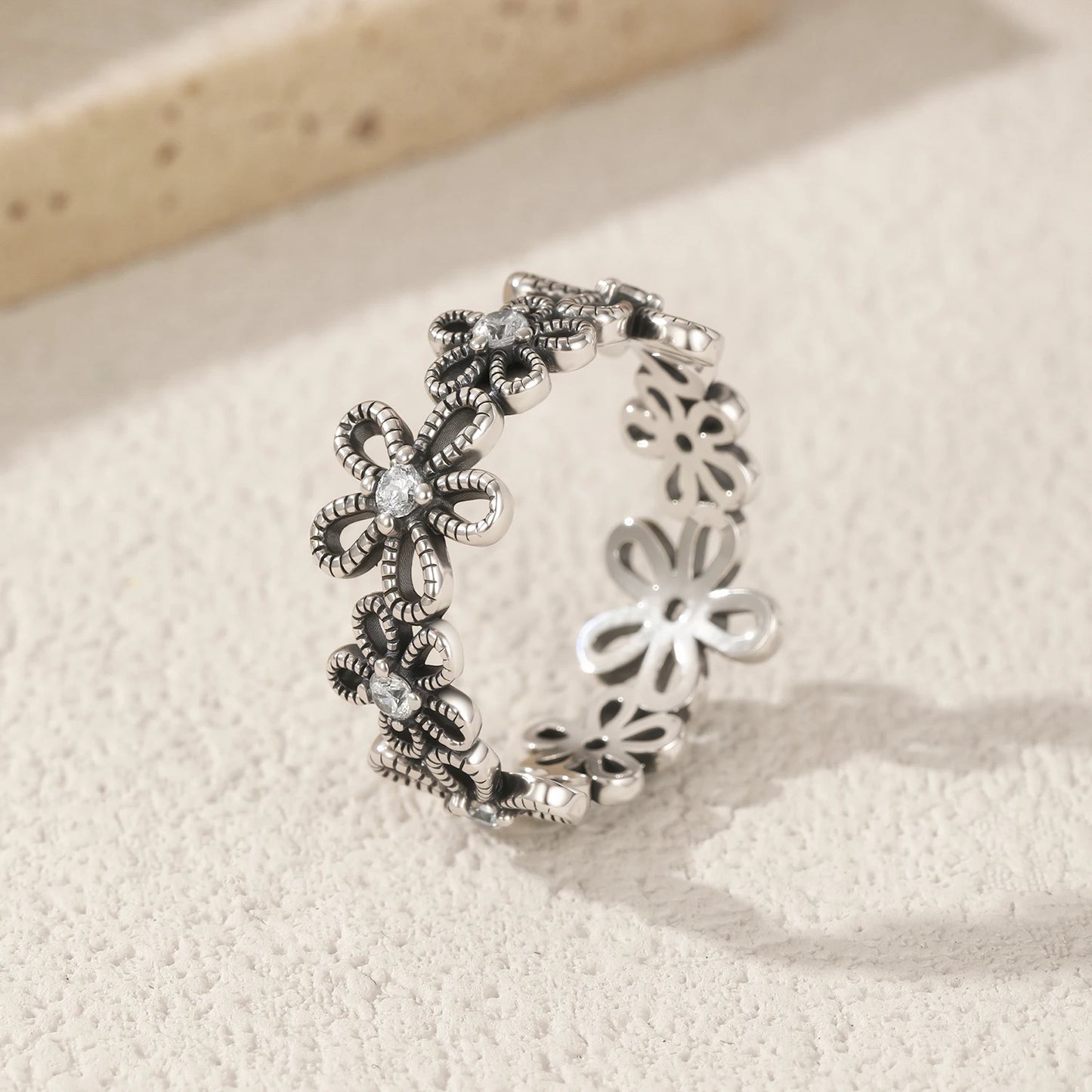 MODIAN 925 Sterling Silver Vintage Hollow Small Flower Sparkling Zirconia Eternity Band Rings For Women Fine Jewelry