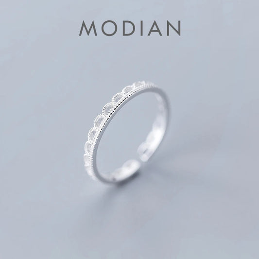 Anillo Modian de plata de ley 925 auténtica con diseño de encaje geométrico ondulado para mujer, talla única, joyería fina.