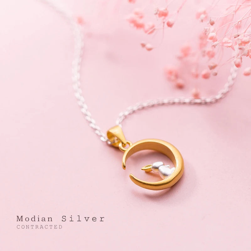Modian Gold Color Crescent Cute Rabbit Sterling Silver 925 Pendant for Women Link Chain Necklace Original Fine Jewelry Girl Gift