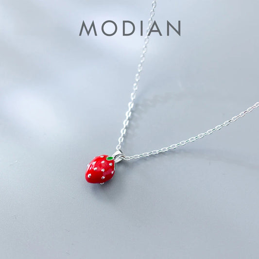 Collar Modian con dije de fresa dulce y encantador, colgante de plata de ley 100 % 925 para mujer, regalo de joyería para el Día de San Valentín.