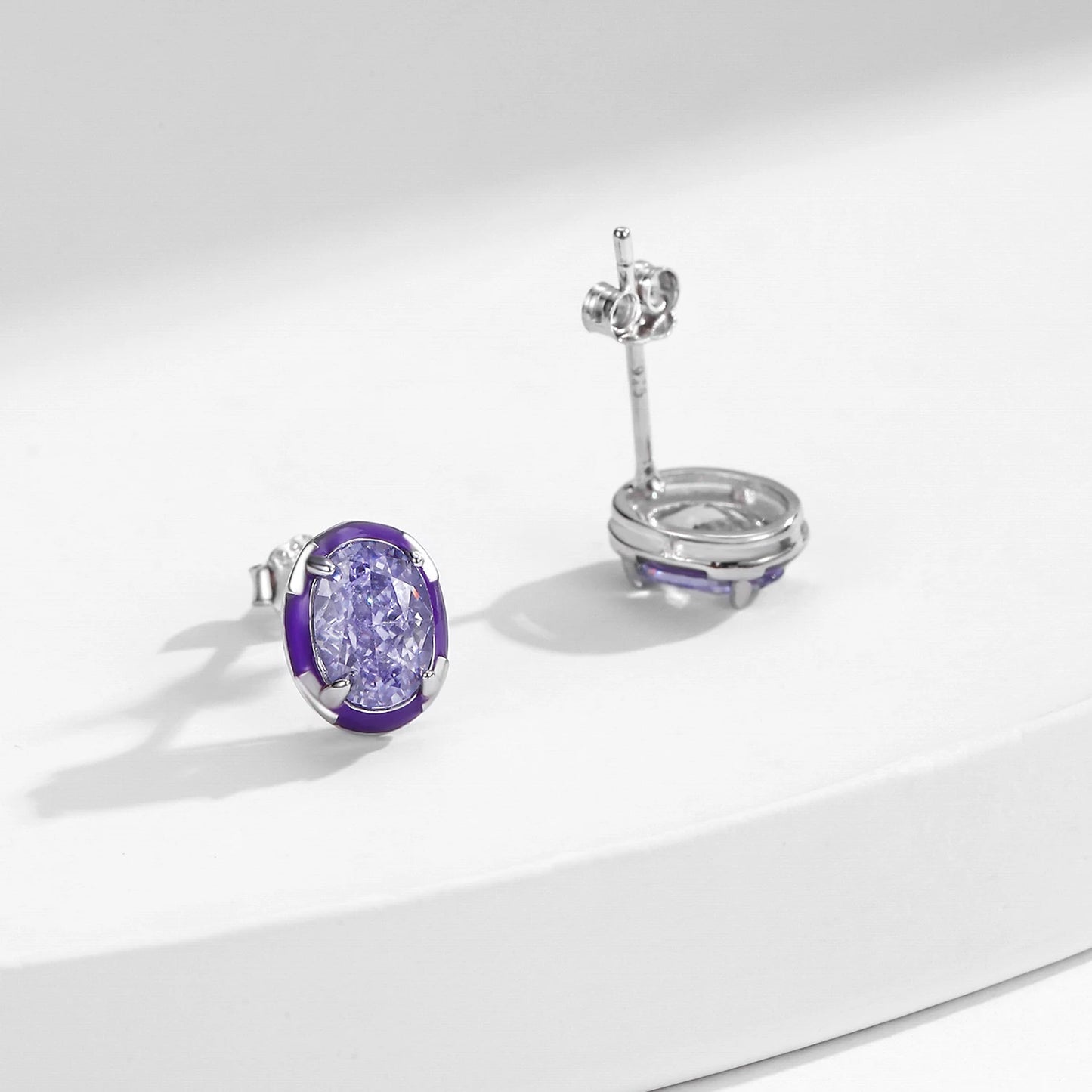 MODIAN Real 925 Sterling Silver Oval Lavender Purple Enamel Crushed Ice Cut CZ Stud Earrings For Women Delicate Fine Jewelry