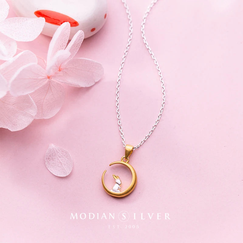 Modian Gold Color Crescent Cute Rabbit Sterling Silver 925 Pendant for Women Link Chain Necklace Original Fine Jewelry Girl Gift