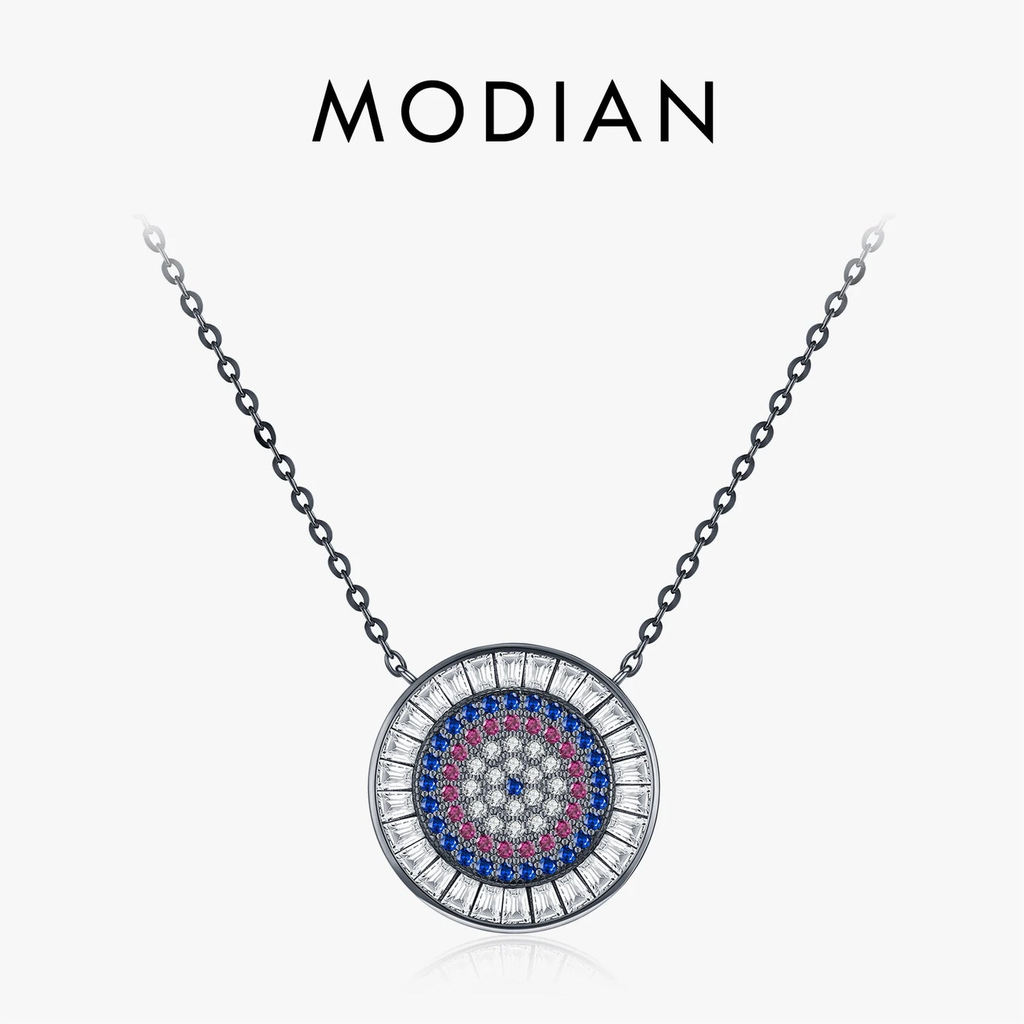 MODIAN 925 Sterling Silver Colorful Round CZ Pendant Necklace Black Color Stackable Link Chain Necklaces For Women Fine Jewelry