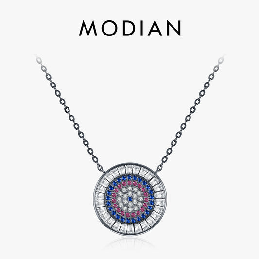 MODIAN 925 Sterling Silver Colorful Round CZ Pendant Necklace Black Color Stackable Link Chain Necklaces For Women Fine Jewelry