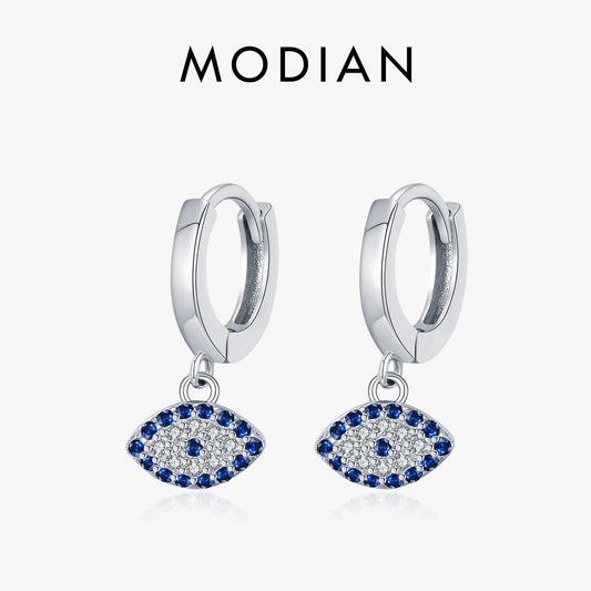 MODIAN 925 Sterling Silver Exquisite Blue Eyes Zirconia Swing Hoop Earrings Classic Vacation Ear Buckle For Women Fine Jewelry