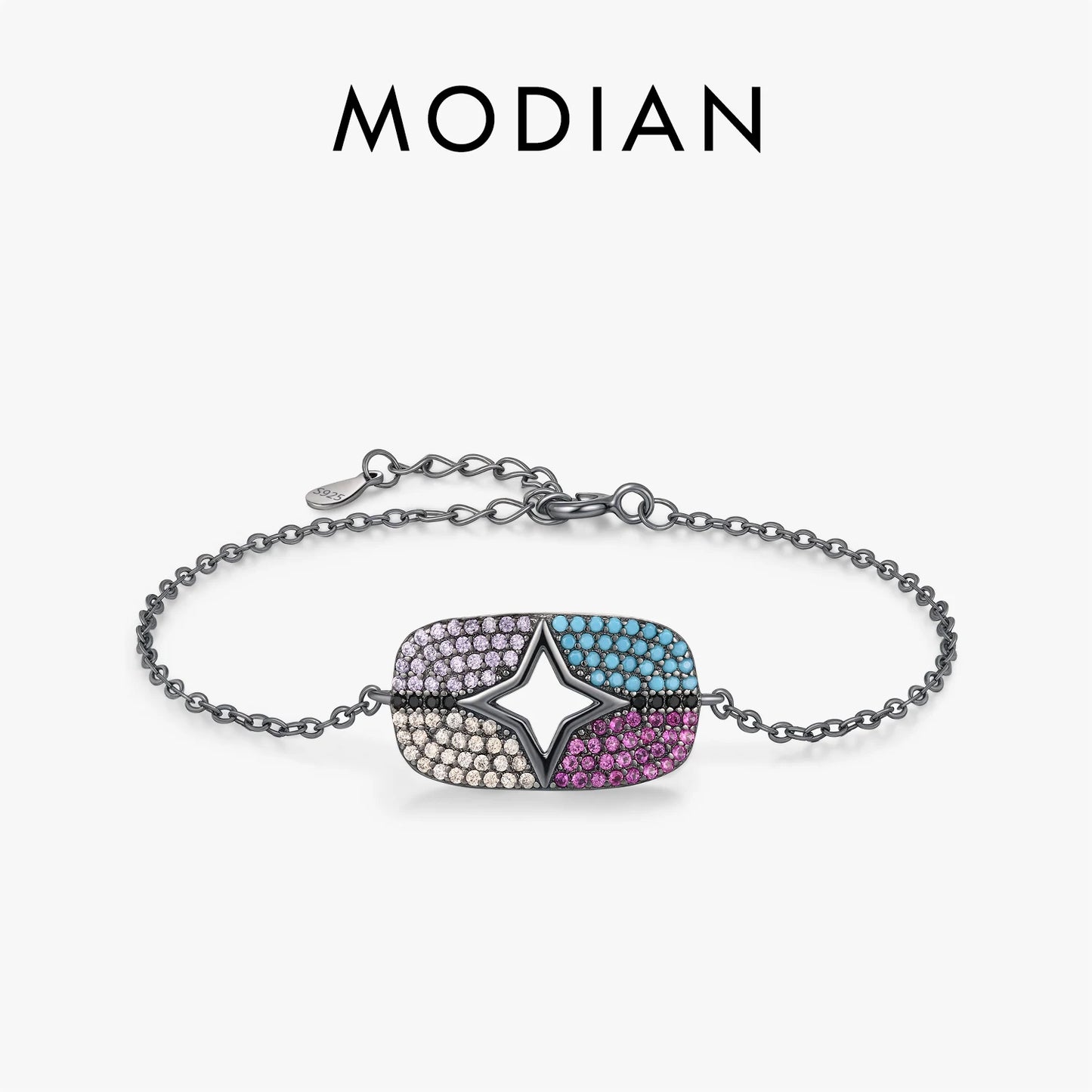 MODIAN 925 Sterling Silver Black Colorful Zirconia & Turquoise Geometric Stars Bracelet For Women Fine Stackable Jewelry