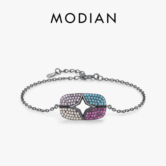 MODIAN 925 Sterling Silver Black Colorful Zirconia & Turquoise Geometric Stars Bracelet For Women Fine Stackable Jewelry