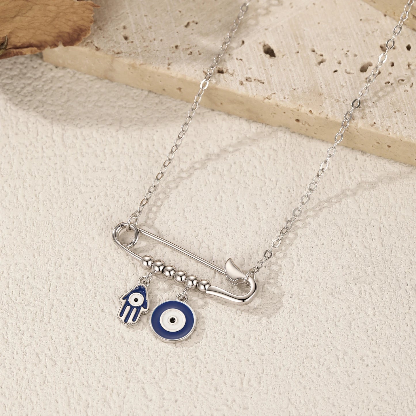 MODIAN 925 Sterling Silver Blue Enamel Eyes & Palm Charms Pendant Necklace Pin Beads Link Chian Necklaces For Women Jewelry Gift