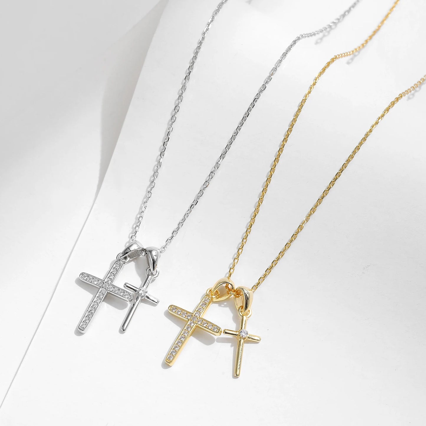Collar con colgante de cadena de eslabones de circonita de doble cruz, clásico y delicado de plata de ley 925 de MODIAN para mujer, joyería fina, regalos
