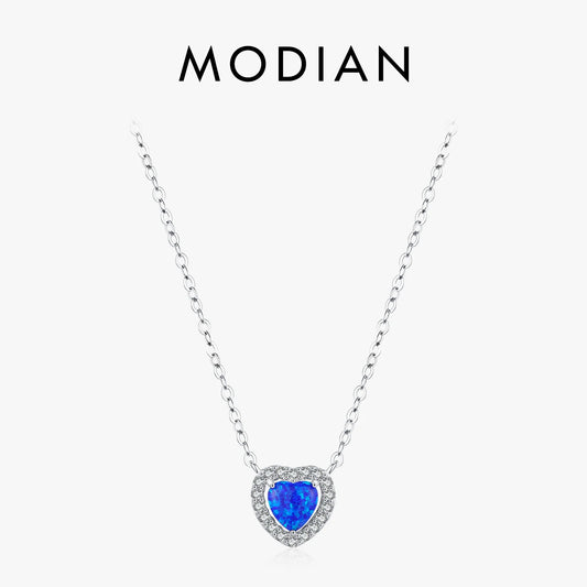 Collar con colgante de corazón de ópalo azul de MODIAN en plata de ley 925 auténtica para mujer, joyería fina, regalo romántico de aniversario.
