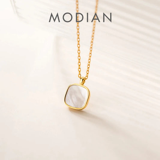 Collar de cadena con colgante cuadrado de concha dorada de auténtica plata de ley 925 de Modian para mujer, joyería fina