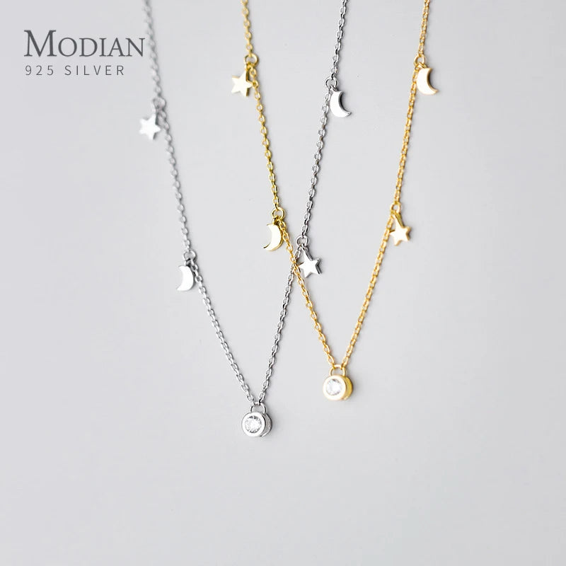 Modian 925 Sterling Silver Star And Moon Chain Sparkling Starry Link Chain Pendant Necklaces For Women Prevent Allergy Jewelry