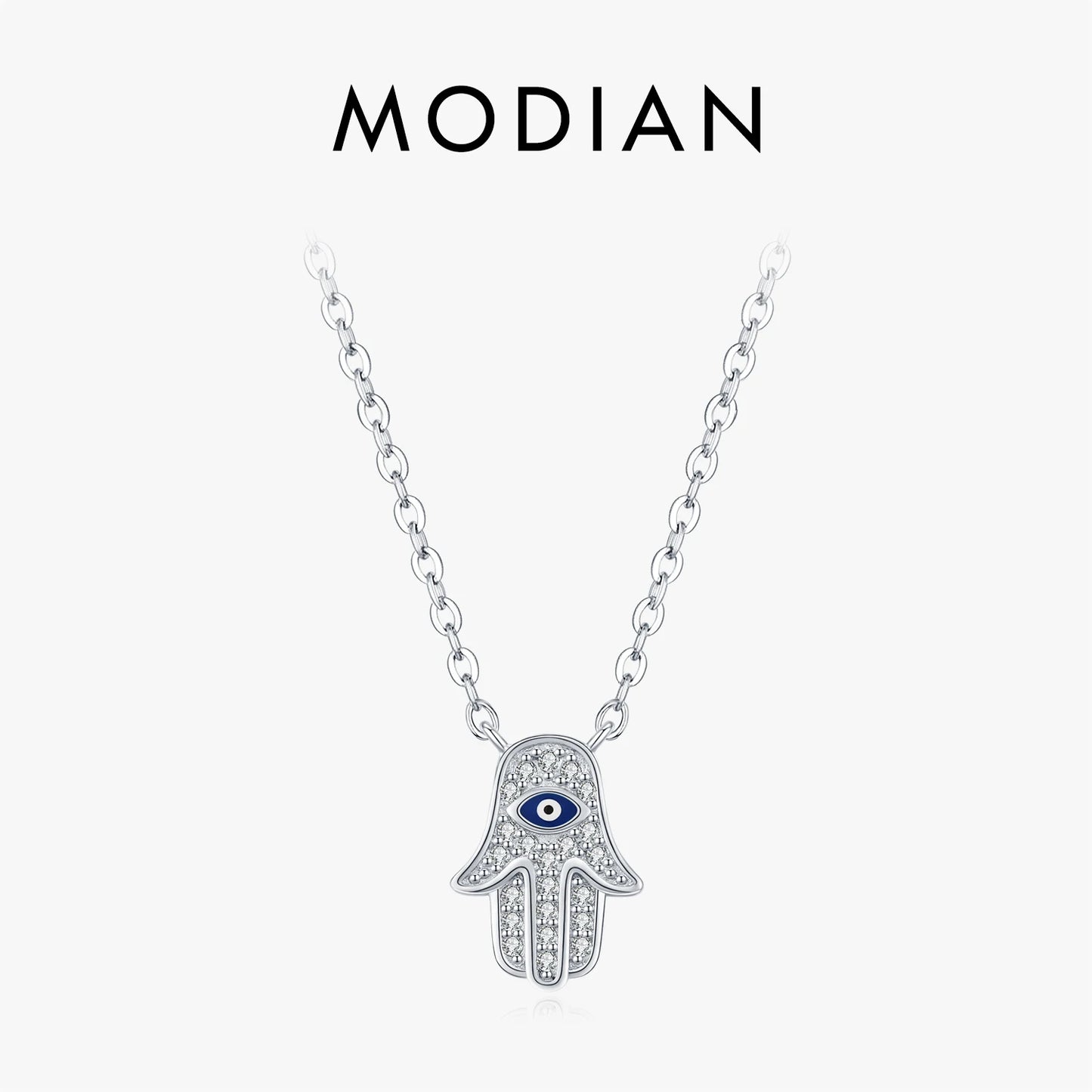 MODIAN 925 Sterling Silver Classic Full Zirconia Palm Pendant Necklace Charm Blue Enamel Eyes Link Chain For Women Jewelry