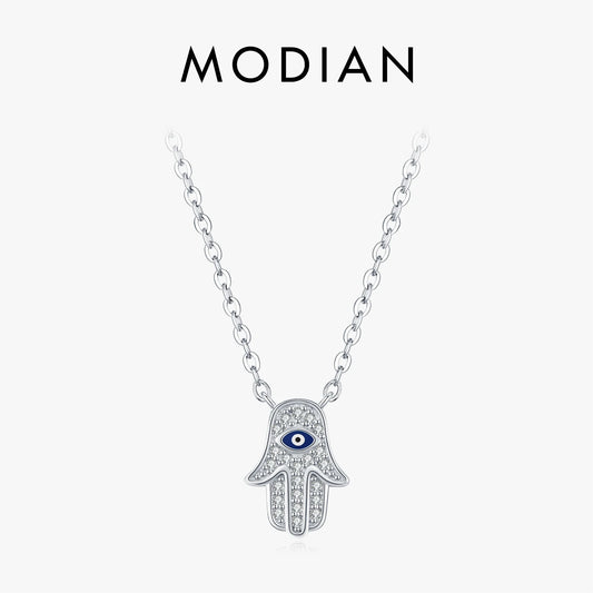 MODIAN 925 Sterling Silver Classic Full Zirconia Palm Pendant Necklace Charm Blue Enamel Eyes Link Chain For Women Jewelry