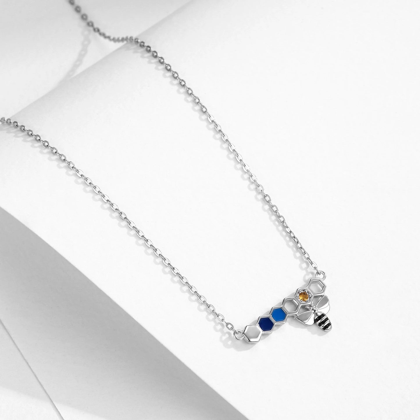 MODIAN 925 Sterling Silver Original Cute Colorful Enamel Honeycomb Bee Pendant Necklace Link Chain CZ Necklace For Women Jewelry