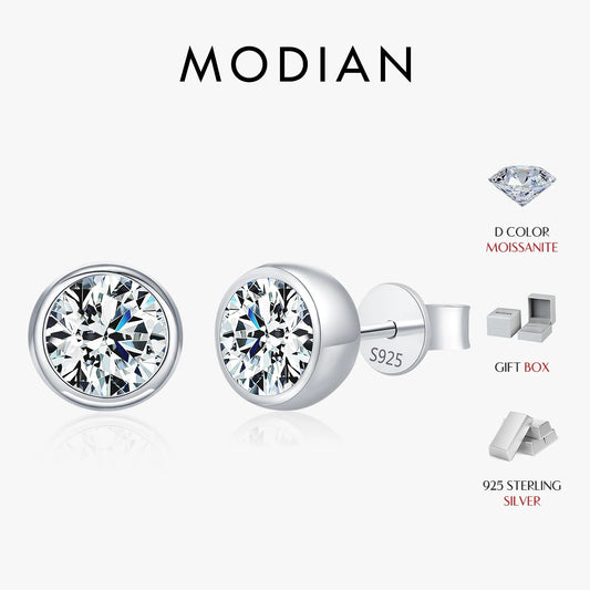 Pendientes MODIAN de moissanita con bisel de color D de 1CT/2CT, plata de ley 925, redondos y clásicos, para mujer, joyería fina para bodas.