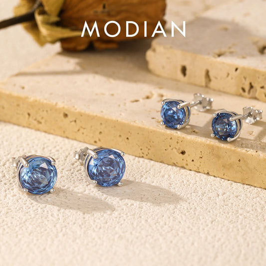 MODIAN 925 Sterling Silver High-end Elegant Royal Blue Rose Cut Round Zircon Stud Earrings For Women Wedding Fine Jewelry