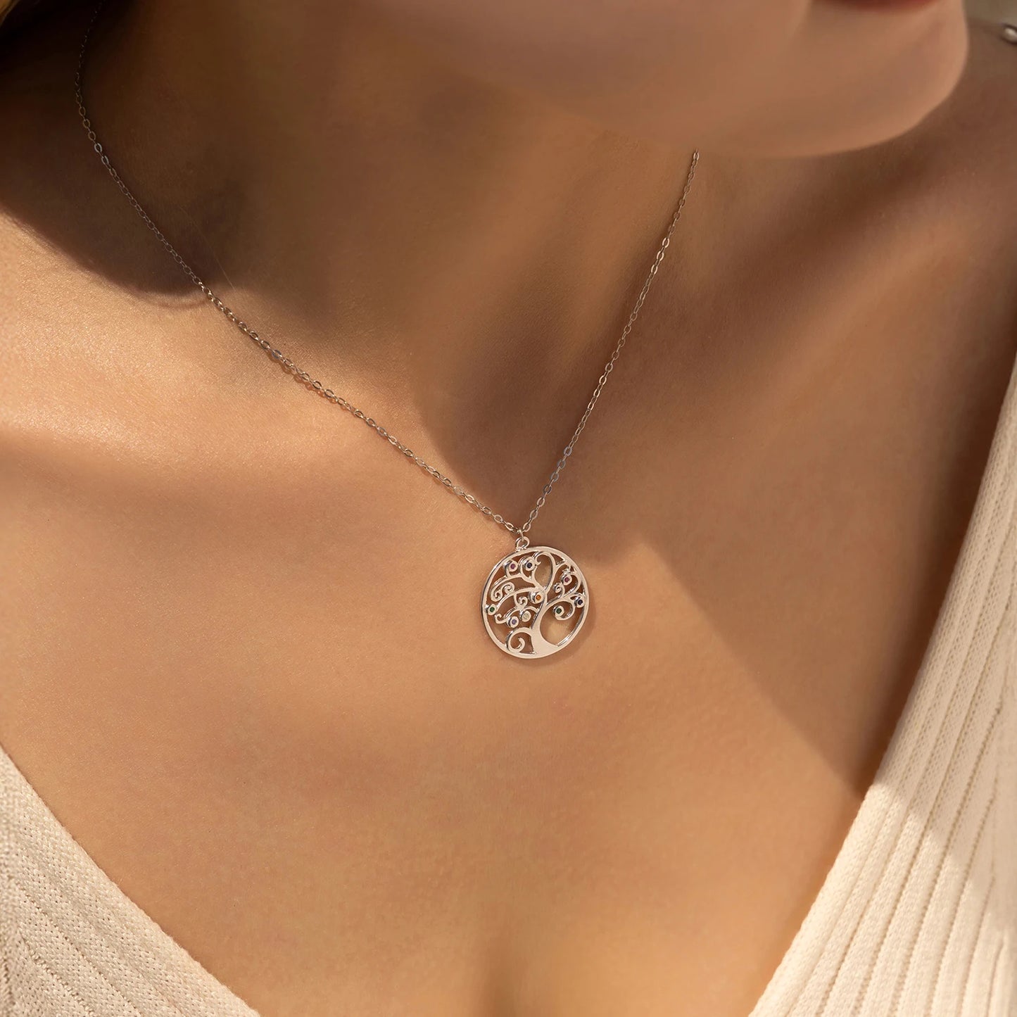 MODIAN 925 Sterling Silver Sparkling Zirconia Retro Tree Pattern Round Pendant Necklaces For Women Fine Jewelry