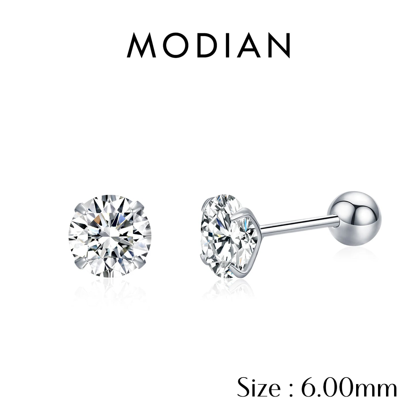 MODIAN Multicolor 925 Sterling Silver Elegant Beads Screw Earrings Classic Round CZ Stud Earrings For Women Jewelry 2.5MM-8MM