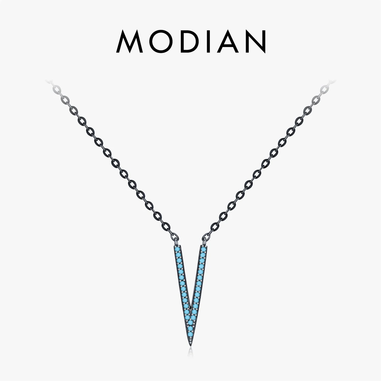 MODIAN 925 Sterling Silver V Shape Synthetic Turquoise Pendant Necklace Punk Black Sytle Stackable Necklace For Women Jewelry