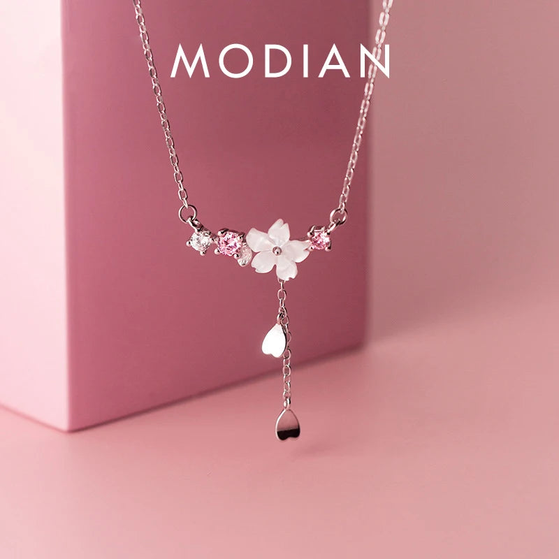 Modian Brands 925 Sterling Silver Twinkling Zircon White Shell Flower Tassel Hearts Fashion Luxury Pendant for Wome Fine Jewelry