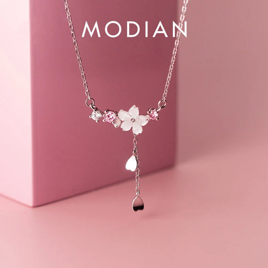 Modian Brands 925 Sterling Silver Twinkling Zircon White Shell Flower Tassel Hearts Fashion Luxury Pendant for Wome Fine Jewelry