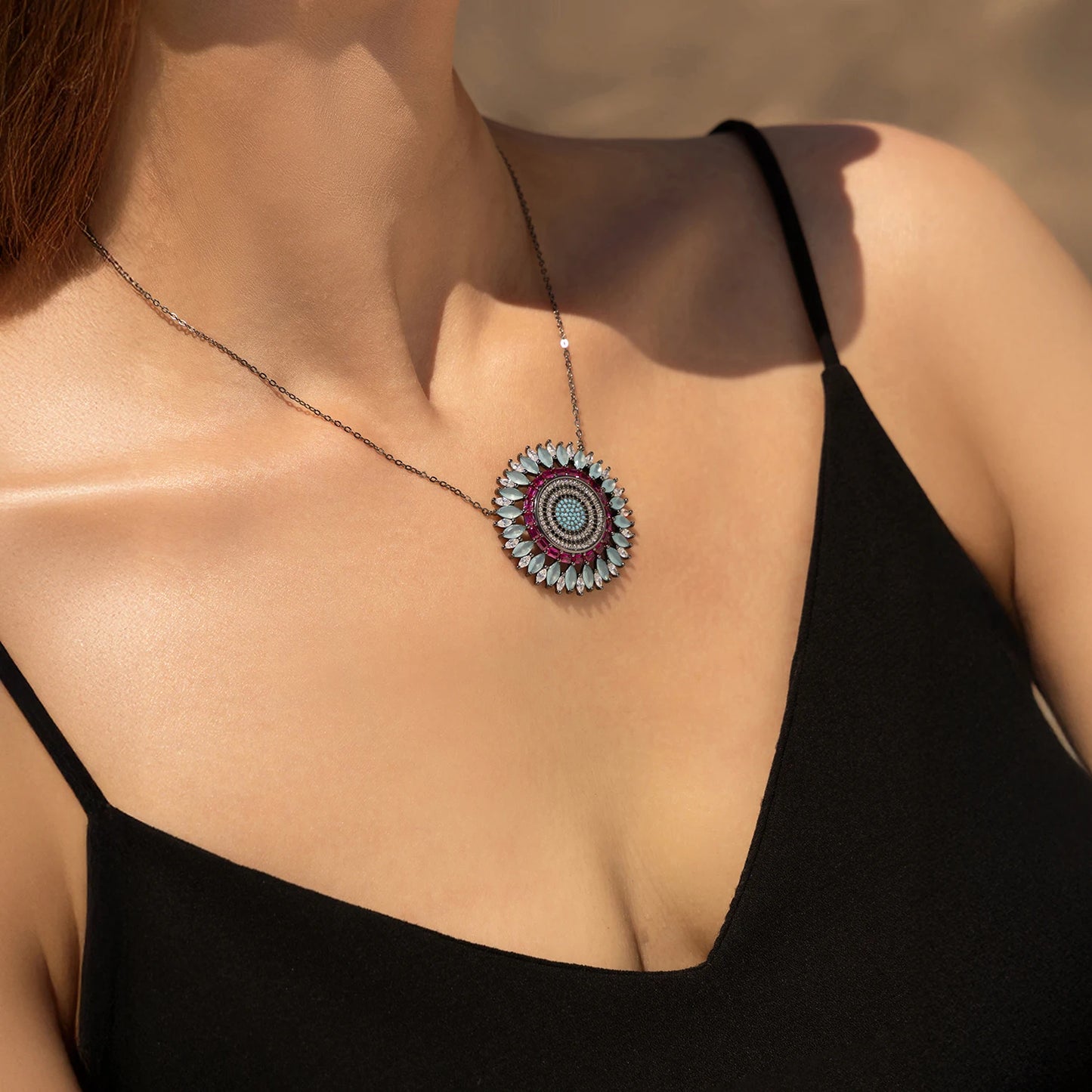 MODIAN 925 Sterling Silver Luxury Round Colorful Big Pendant Necklace Classic Black Mosaic Style Jewelry For Women Gifts
