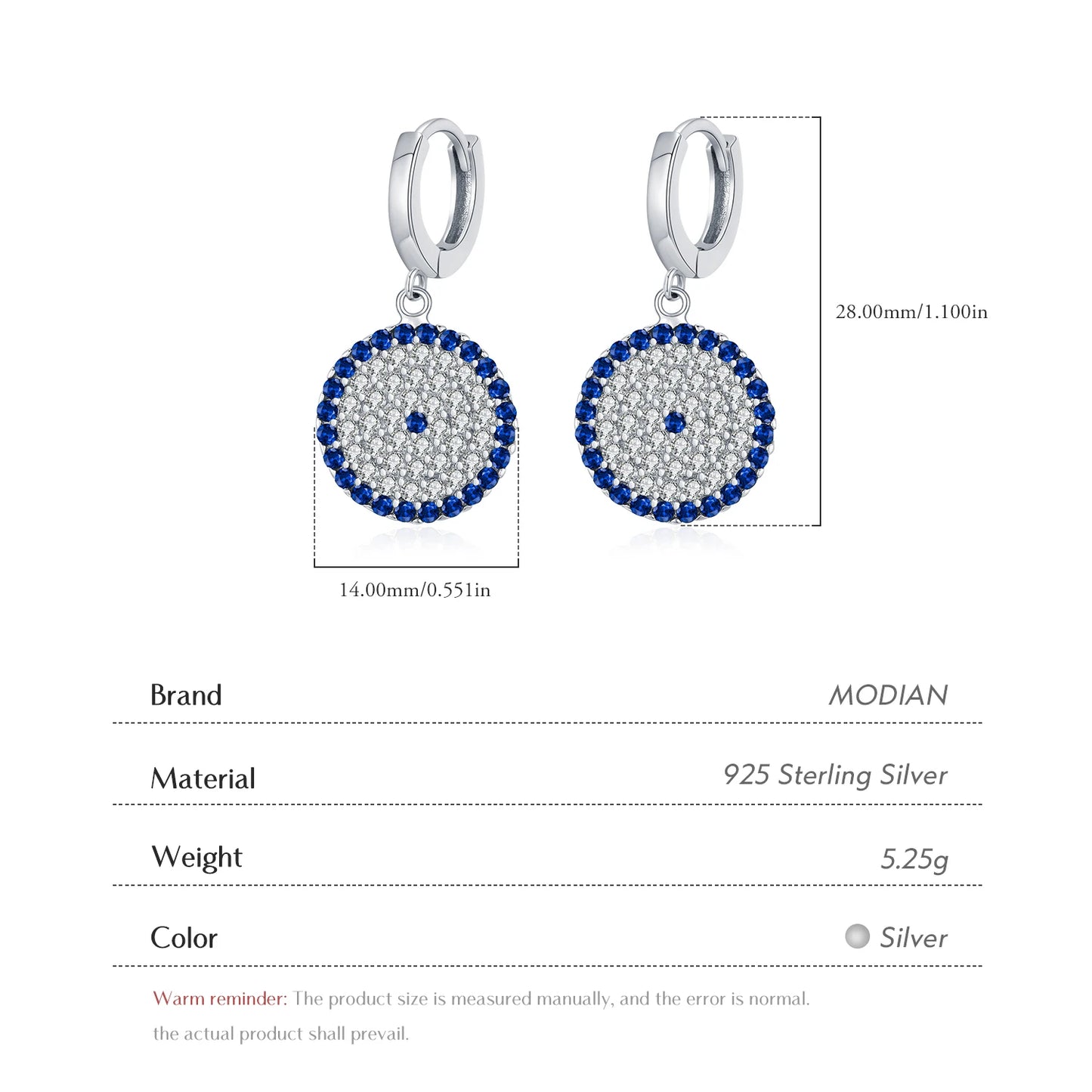 MODIAN 925 Sterling Silver Round Claasic Sparkling Blue Zirconia Hoop Earrings Luxury Daily Fine Jewelry For Women Gifts