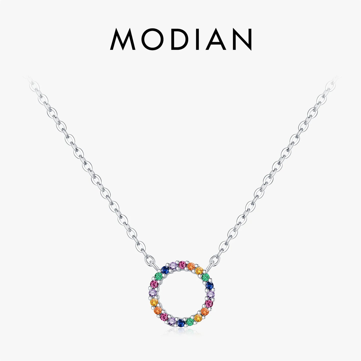 MODIAN 925 Sterling Silver Daily Wear Link Chain Necklace Colorful CZ Circle Simple Pendant Necklaces For Women Fine Jewelry