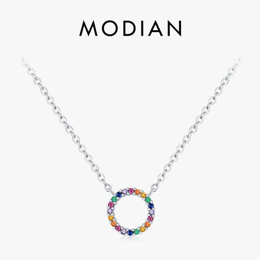 MODIAN 925 Sterling Silver Daily Wear Link Chain Necklace Colorful CZ Circle Simple Pendant Necklaces For Women Fine Jewelry