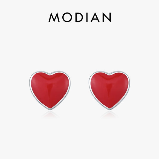 Pendientes MODIAN de plata de ley 925 con diseño romántico de corazón de esmalte rojo, pequeños y encantadores, para mujer, joyería fina de uso diario.