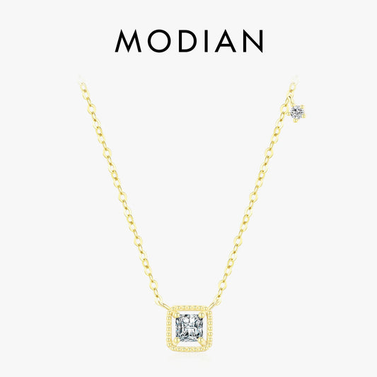 MODIAN 925 Sterling Silver Simple High Quality Square Zirconia Necklace Pendant Trendy Gold Color Link Chain For Women Jewelry