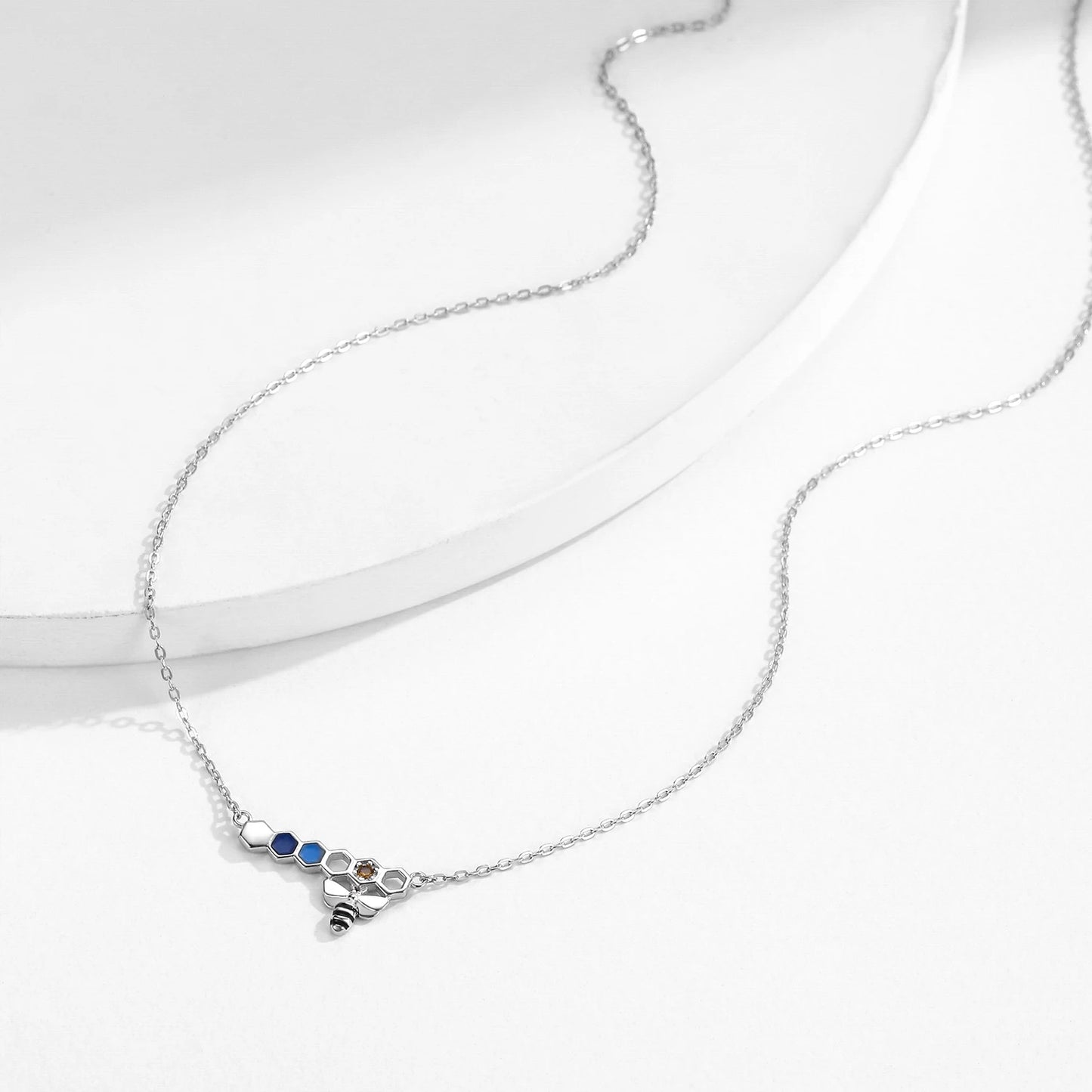 MODIAN 925 Sterling Silver Original Cute Colorful Enamel Honeycomb Bee Pendant Necklace Link Chain CZ Necklace For Women Jewelry