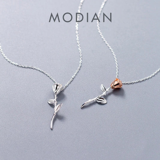 Modian Romantic 925 Sterling Silver Rose Flower Pattern Short Chain Necklace for Women Rose Gold Color Charm Luxury Fine Jewelry