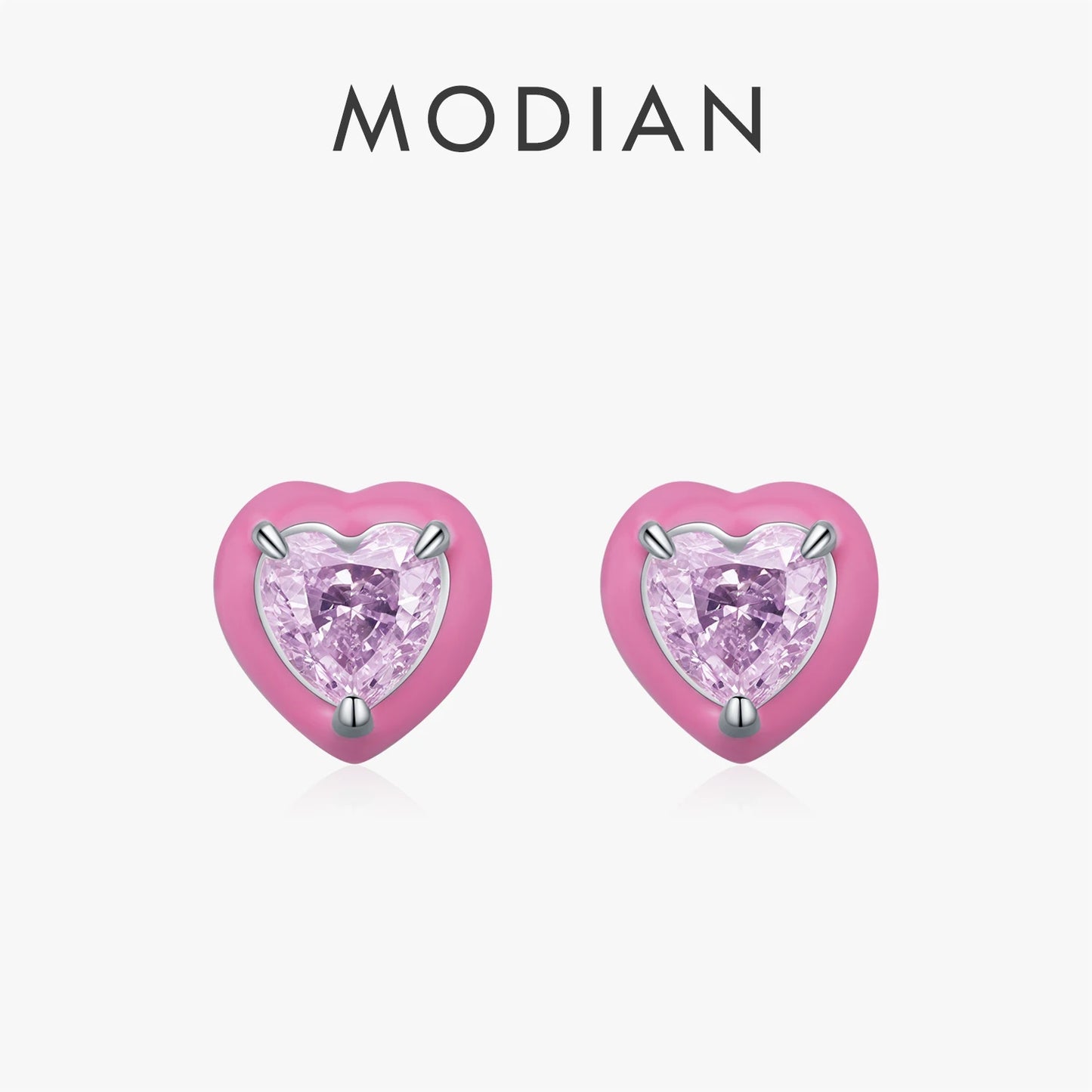 MODIAN 925 Sterling Silver Luxury Cute Pink Enamel Heart Crushed Ice Cut Zircon Romantic Stud Earrings For Women Fine Jewelry